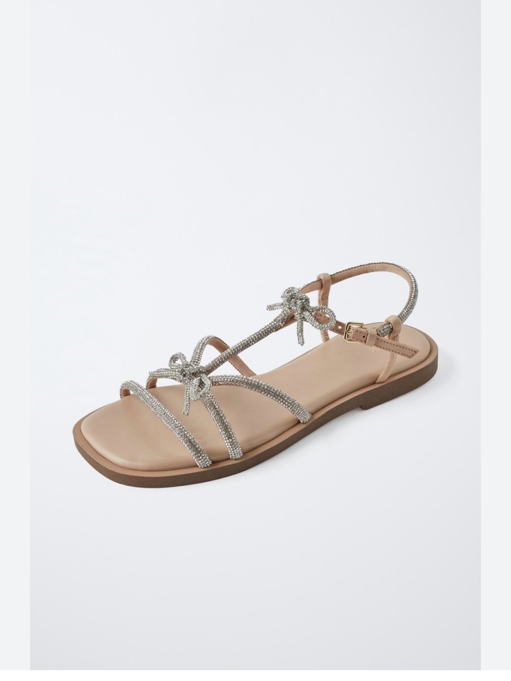 Zara Beige Flat Sandal with Silver Rhinestone Straps
